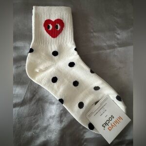 👀❤️You Kikiya White and Black Polka dot Socks with Red Heart - Made in Korea-NWT